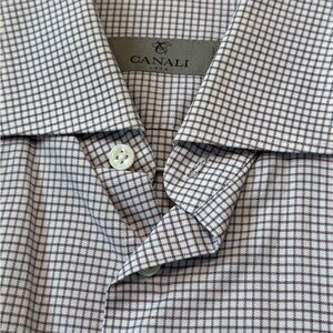 Canali Men’s White and Brown Checked Dress Shirt 16 32 made I. Italy